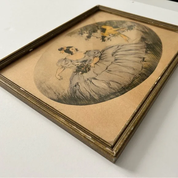 Antique Framed Art Print of Girl in Blue Dress With Bird in Tree - Picture 3 of 5